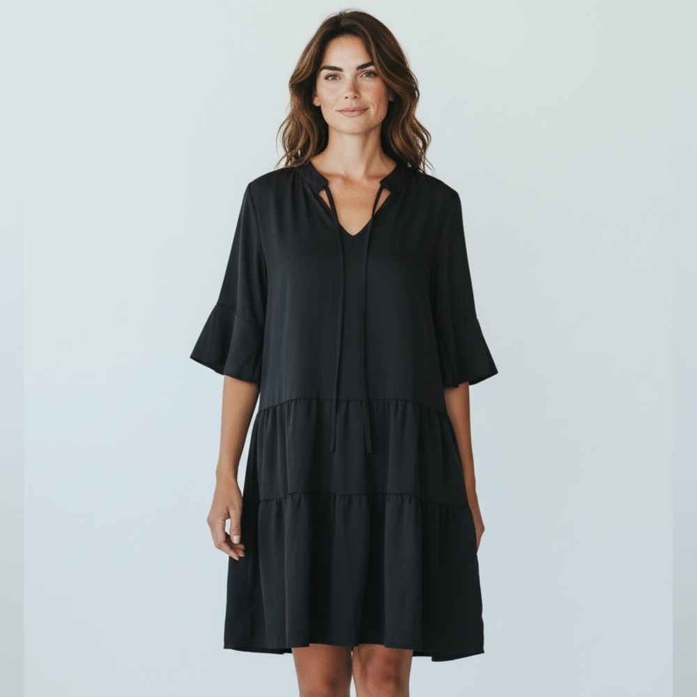 Women's Black Tiered V-Neck Dress